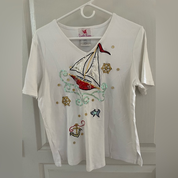Quacker Factory White Tee with Nautical Embroidery - Picture 1 of 2